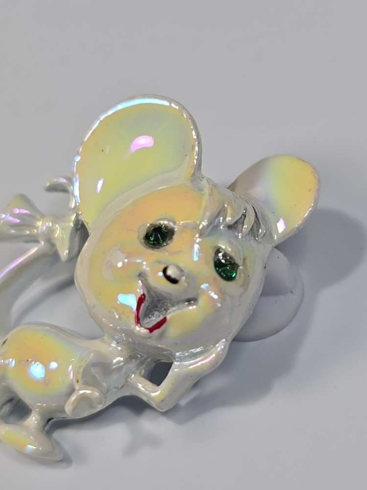 White Mouse Brooch Lapel Pin Iridescent Finish Bow on Tail #2