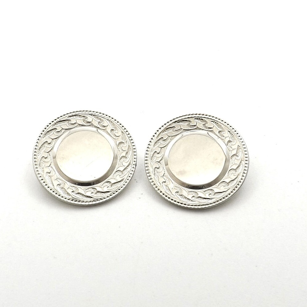 Art Deco Solid 18k White Gold Round Signet Buttons Pair Two Engravable