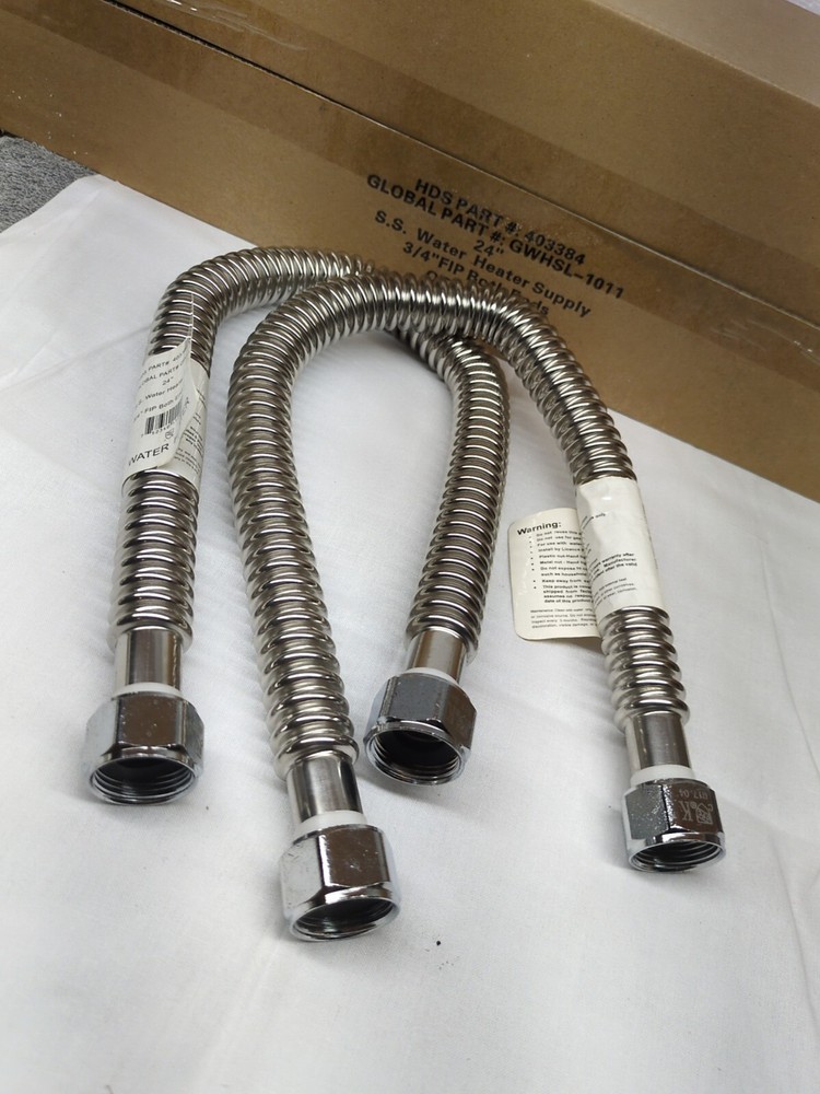 2 PACK Stainless Steel Corrugated Flexible Water Heater Hose 3/4 x 3/4 FIP x 24"