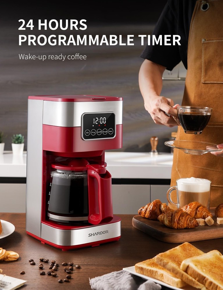 10-Cup Programmable Coffee Maker, Regular & Strong Brew Drip Coffee Machine f...