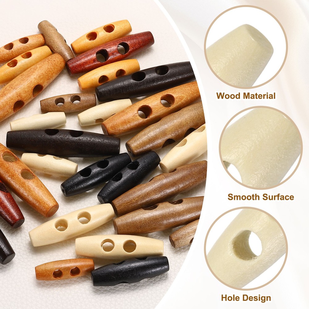 25pcs Wooden Toggle Buttons 35mm Double Hole Olive Sewing Button, Medium Brown