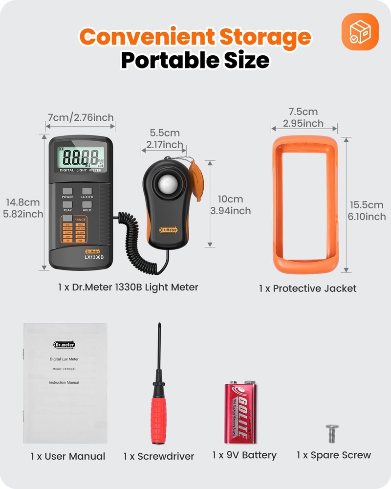 Dr.meter LX1330B Digital Illuminance Light Meter, 0200,000 Measurement Range ...