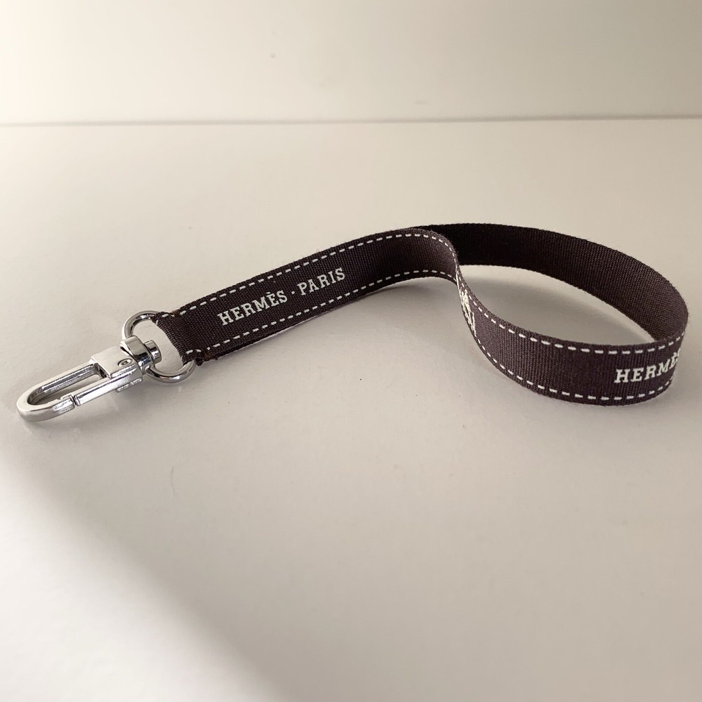 Hermes Ribbon Wristlet Strap Key Holder Silver Hardware