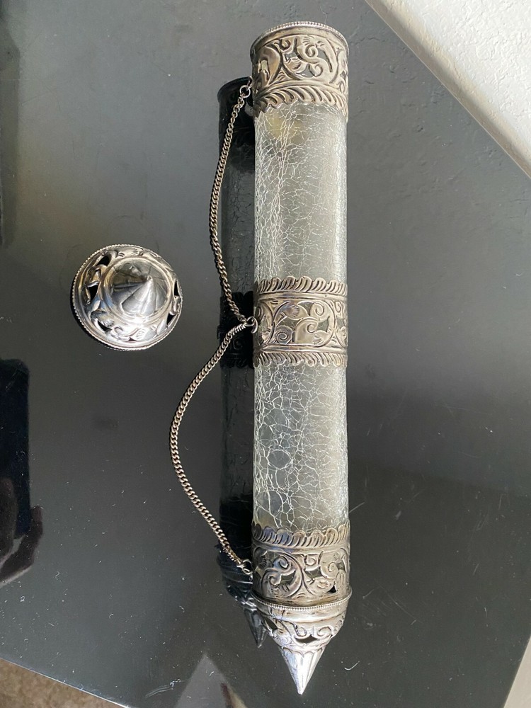 Middle Eastern pierced white metal scroll holders with broken glass effect
