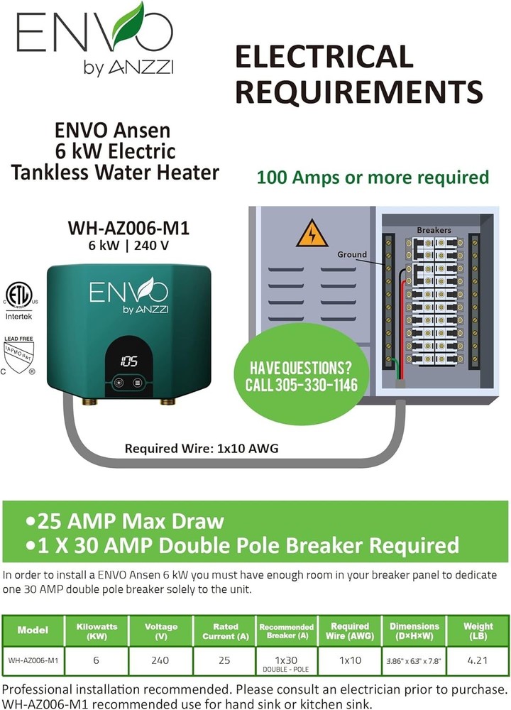 Envo 6 kW Electric Tankless Water Heater - Compact Efficient Hot Water Solution