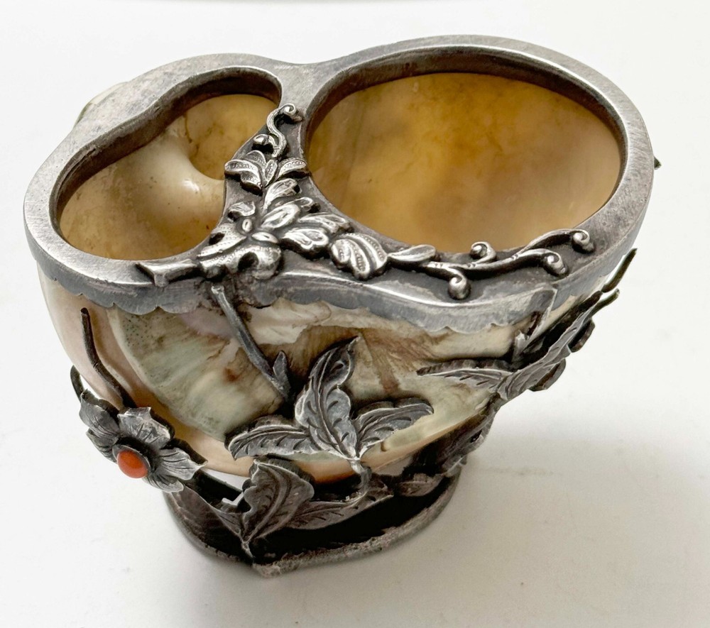 Sterling Silver Mounted Nautilus Shell CAVIAR DISH with Stones