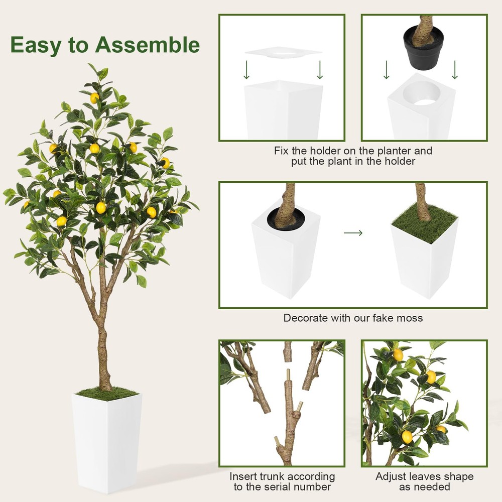 6FT Artificial Lemon Tree with Pot, Fake Lemon Tree with White Tall Planter, ...