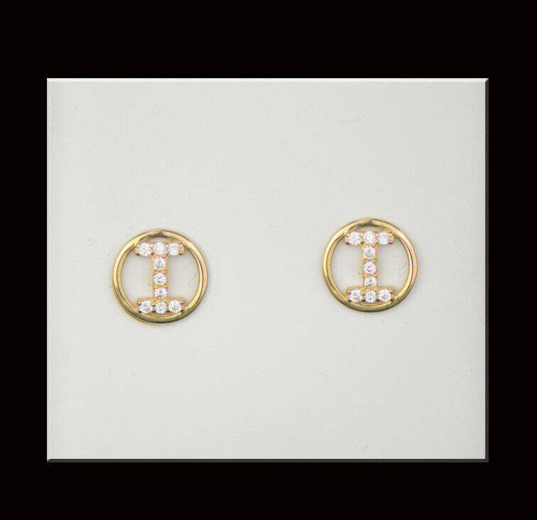 14k Yellow or White Gold Round Initial Letters CZ Stud Earrings