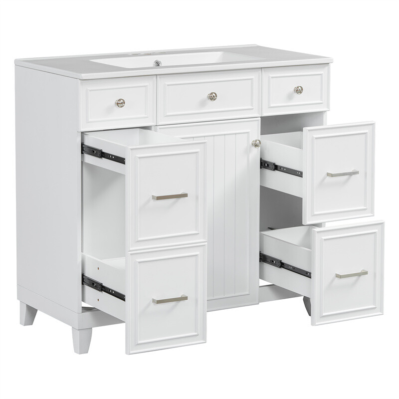 36" White Bathroom Vanity Set,Solid Wood Frame w/Ceramic Sink &Versatile Storage