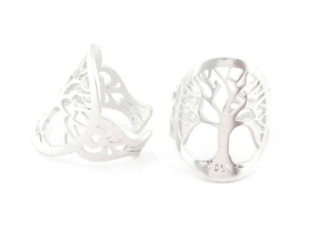 Tree oval statement adjustable ring Shiny Silver Plated brass 5-8US size 4339