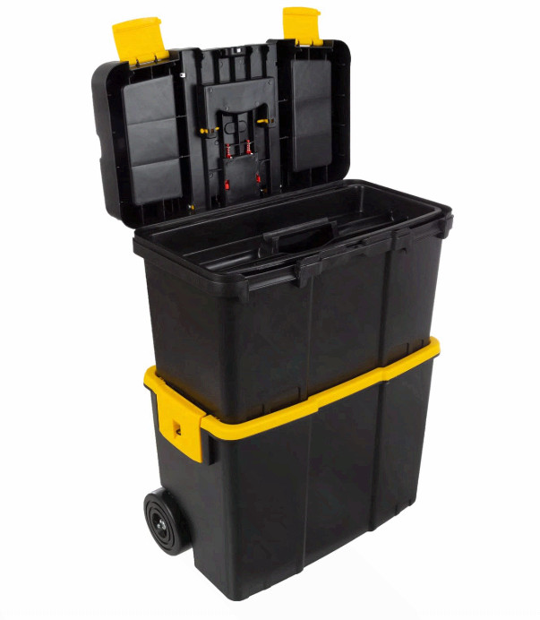 Portable 2-in-1 Tool Box on Wheels, Stackable, Tough Latches & Trays