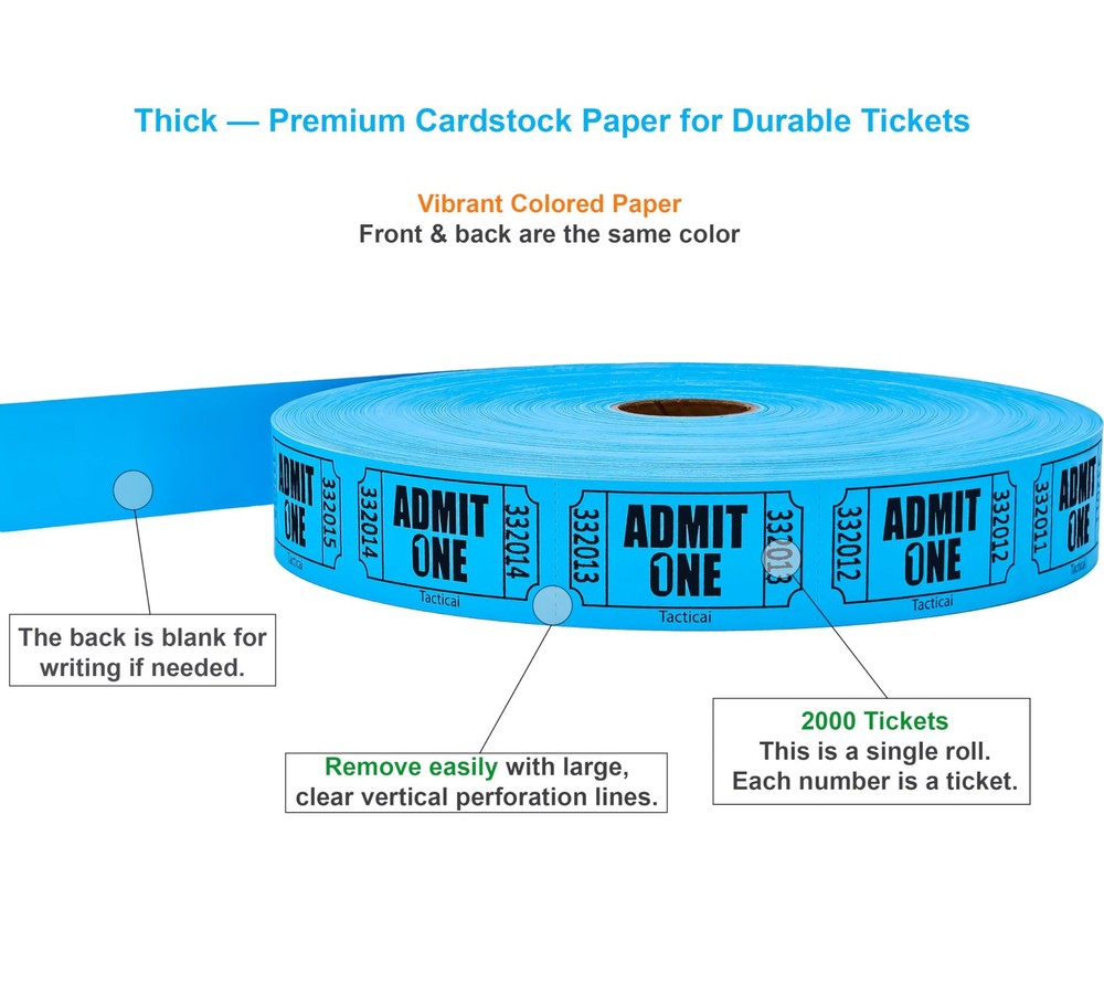 2000 Raffle Tickets, Admit One, Single Roll, Ticket for Events, Entry, Class ...