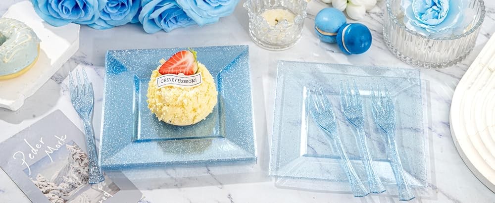 DaYmi Blue Glitter Dert Plates Including Appetizer Plates, Plastic