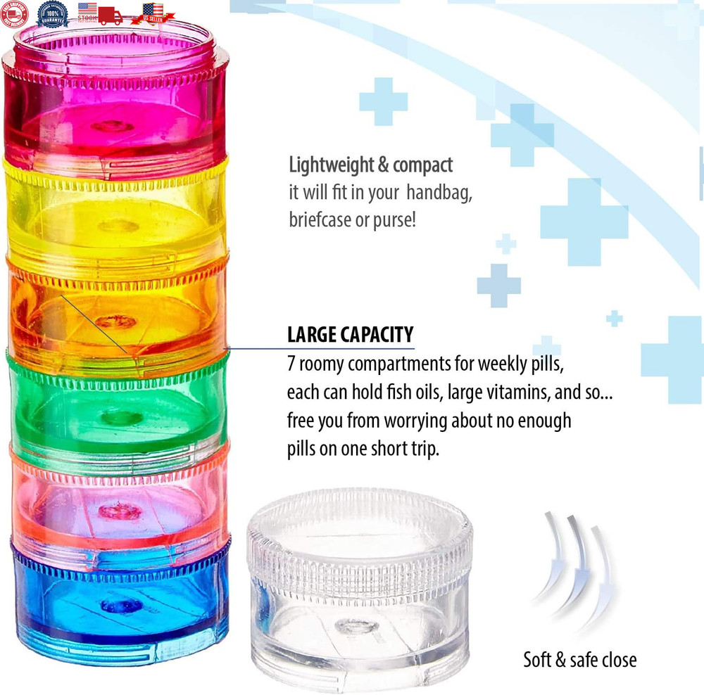 2 Pack Rainbow 7 Day Stackable Pill Organizer Case Tower Box Medicine Planner