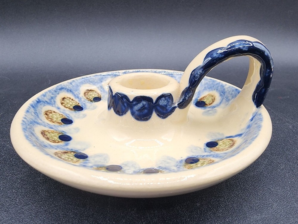 Handmade StudioArt pottery candle Stick holder with handle
