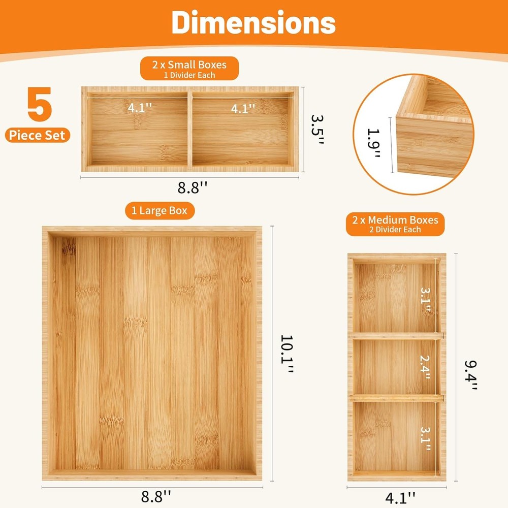 SpaceWhisper 5-Piece Bamboo Drawer Organizer, Stackable Storage for Kitchen,