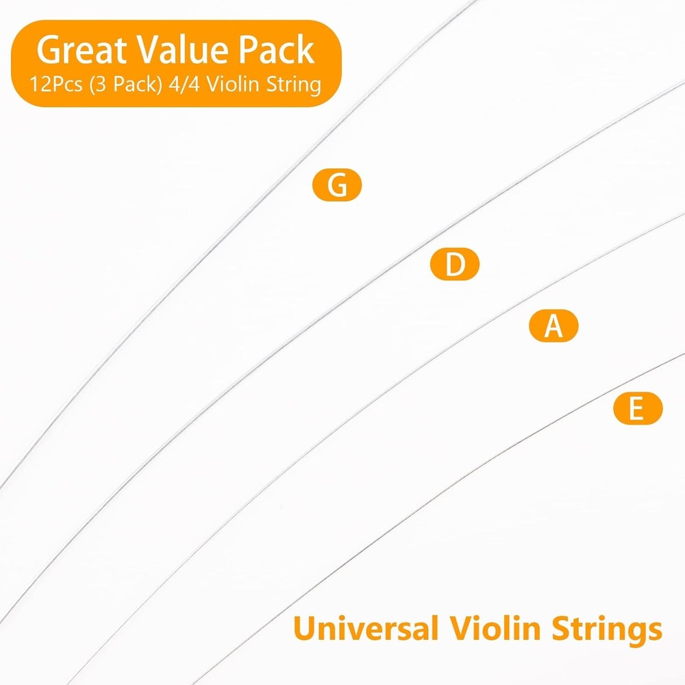 12 Pcs 3 Pack Violin Strings 4/4 Full Set, Universal Classic Steel Core with Nic