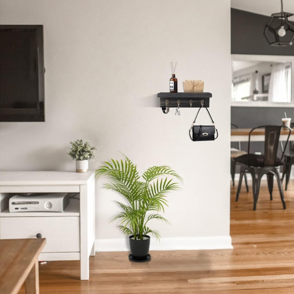 Rustic Key Holder for Wall, Farmhouse Wall Shelf with 4 Hooks, Wall Mounted Key