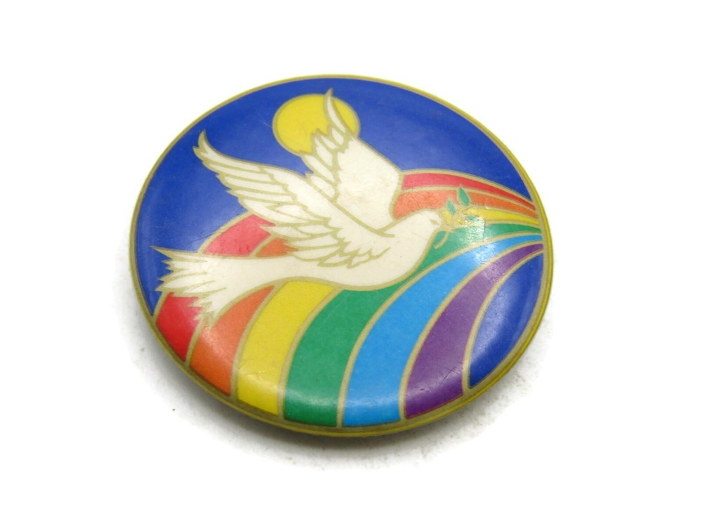 White Dove & Rainbow Button Vintage & Blue Background