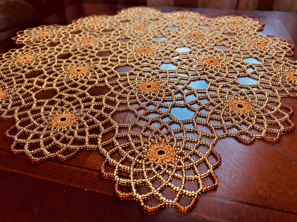 HANDMADE GOLD & COPPER CROCHET BEADED DOILY 20"