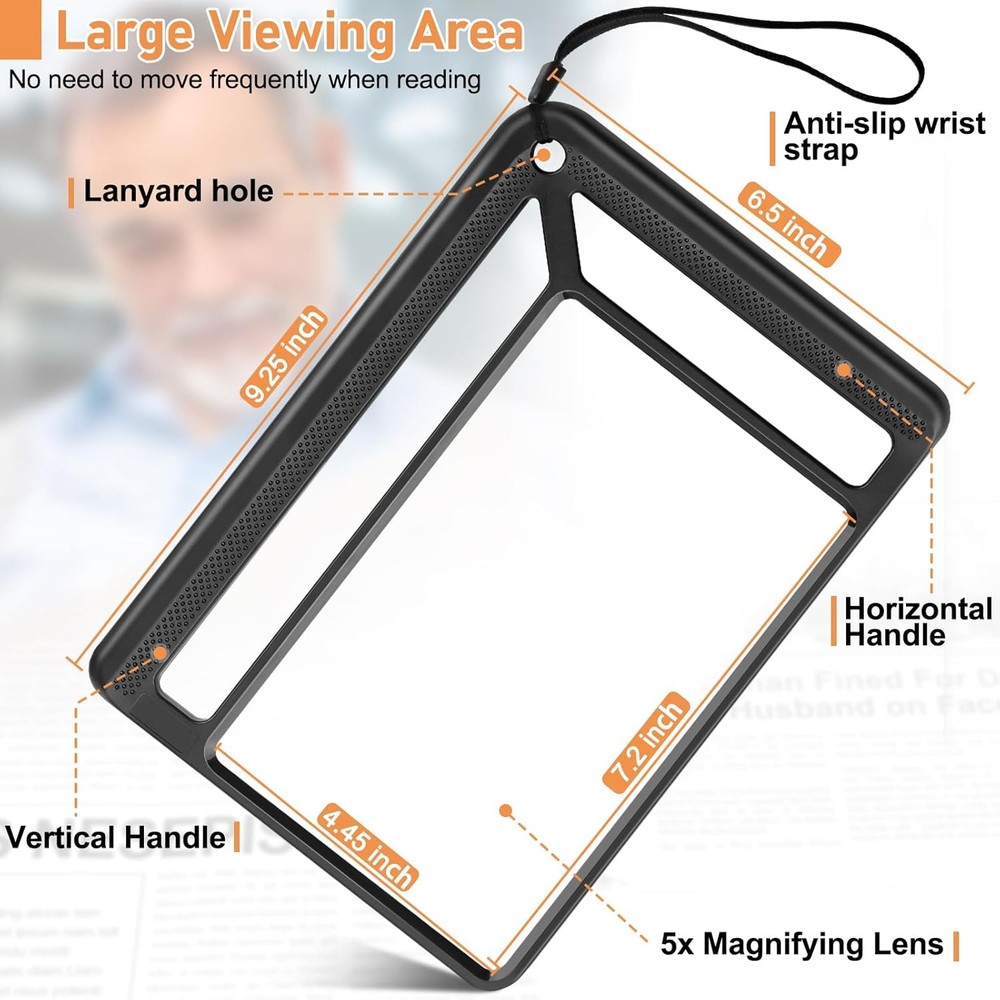 5X Full Page Magnifying Glass for Reading, Lightweight Rectangular Magnifier Pro