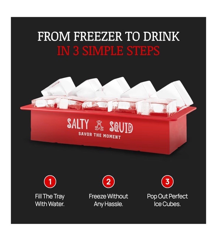 Salty Squid Clear Craft Ice Cube Maker – Square Ice Cube Mold makes 10 Large 2"