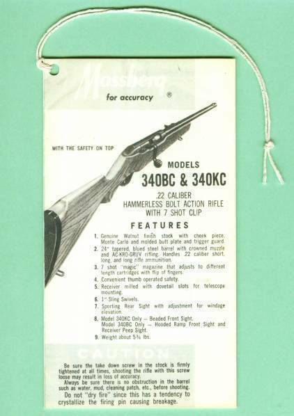 Mossberg Model 340 BC & KC Owners Manual Reproduction