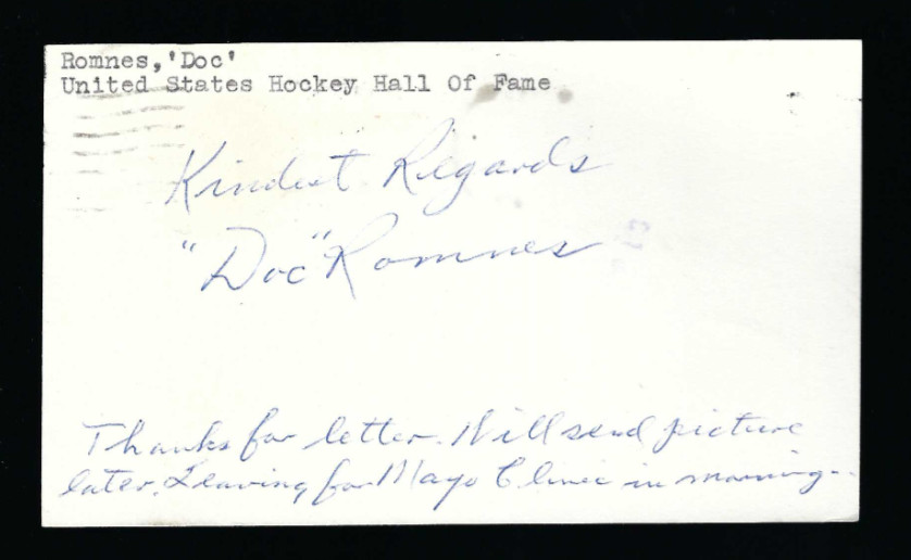 Elwin Doc Romnes signed postcard Beckett Authenticated Black Hawks, Maple Leafs