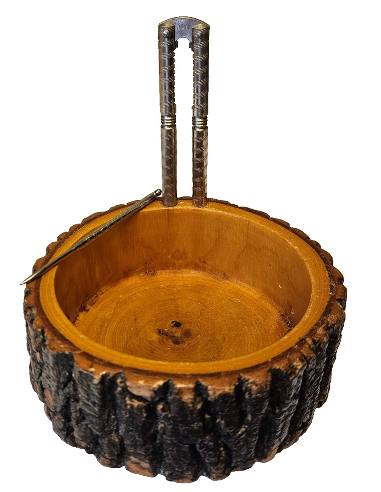 Vintage Rustic Log Bark Nut Bowl HMQ Nutcracker Pick Set 8"