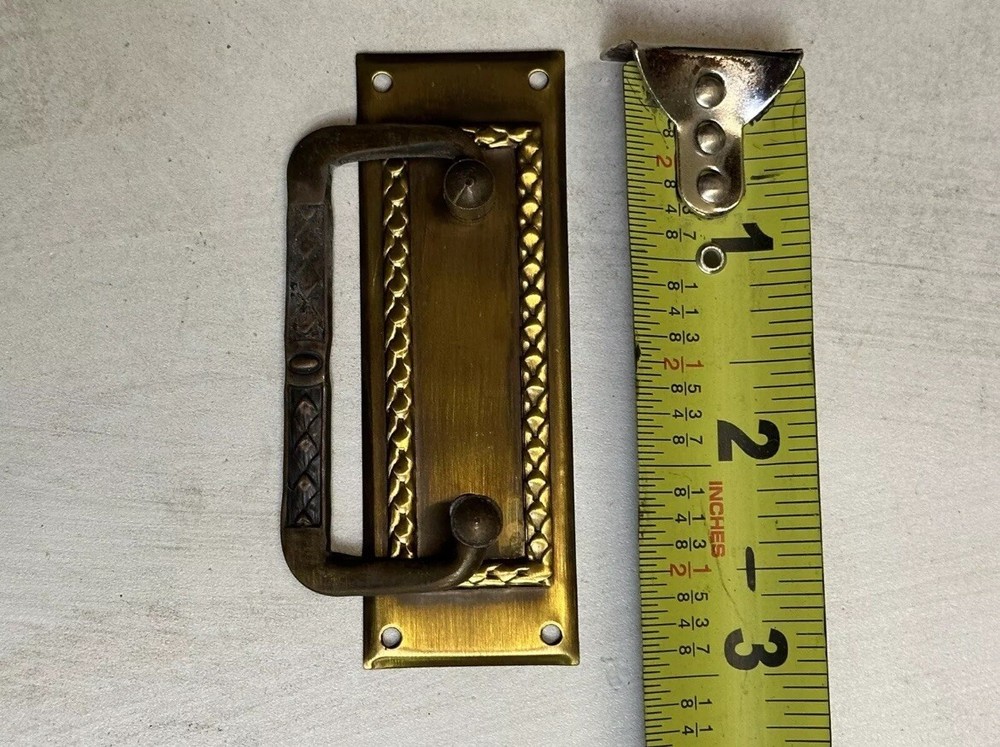 (2) Antique Escutcheon Brass Drawer Drop Handle Pulls w/Backplates