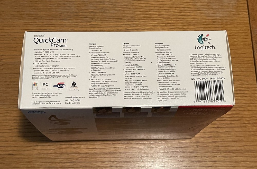 Logitech QuickCam Pro 5000 Webcam For Windows 2000 or XP IN BOX W DISC & MANUAL