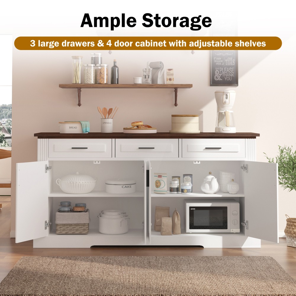 White 63" Buffet Cabinet, Fluted Sideboard w/ 4 Doors 3 Drawers