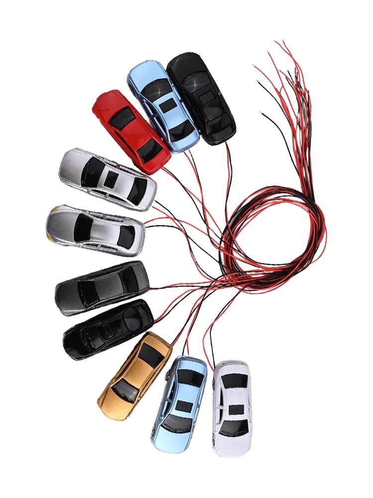 HO Scale Random Color Illuminated Model Car Train Set 45mm Length 10 Pcs