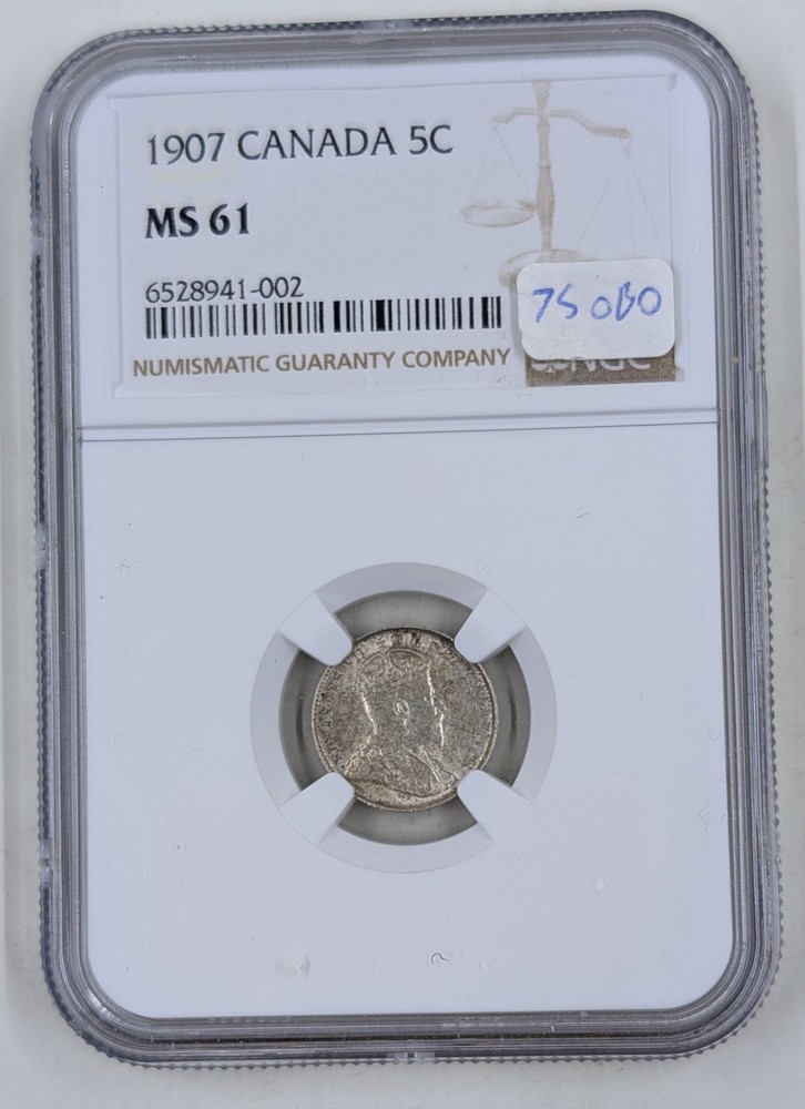1907 Canada MS61 5 Five 5 Cent Silver Piece NGC Graded