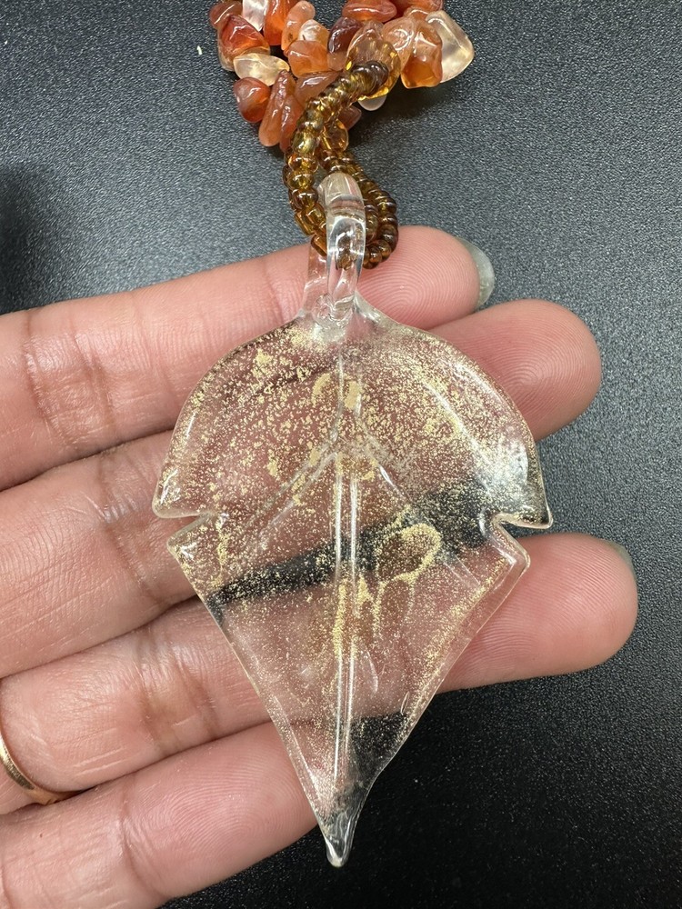 Resin Leaf Pendant Beaded Seeded And Orange Agate