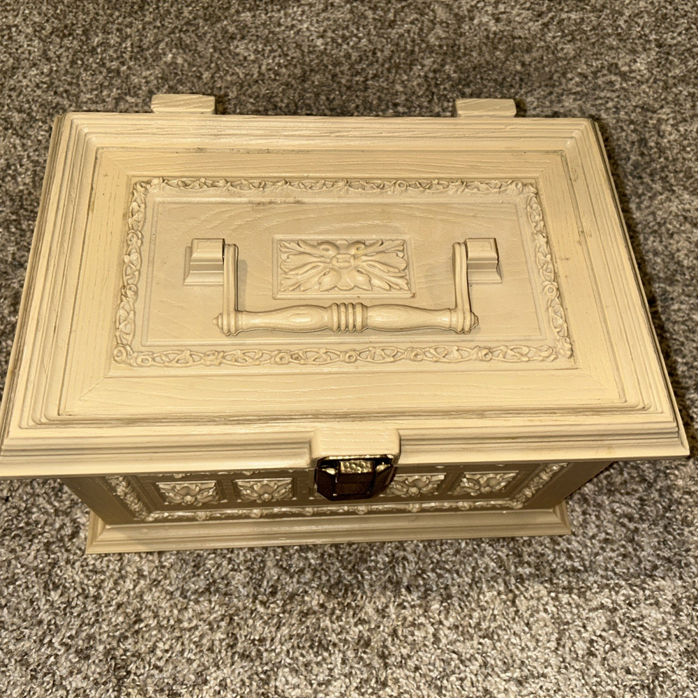 Vintage Max Klein Cream Plastic Sewing Box Storage Container MCM Ornate Case