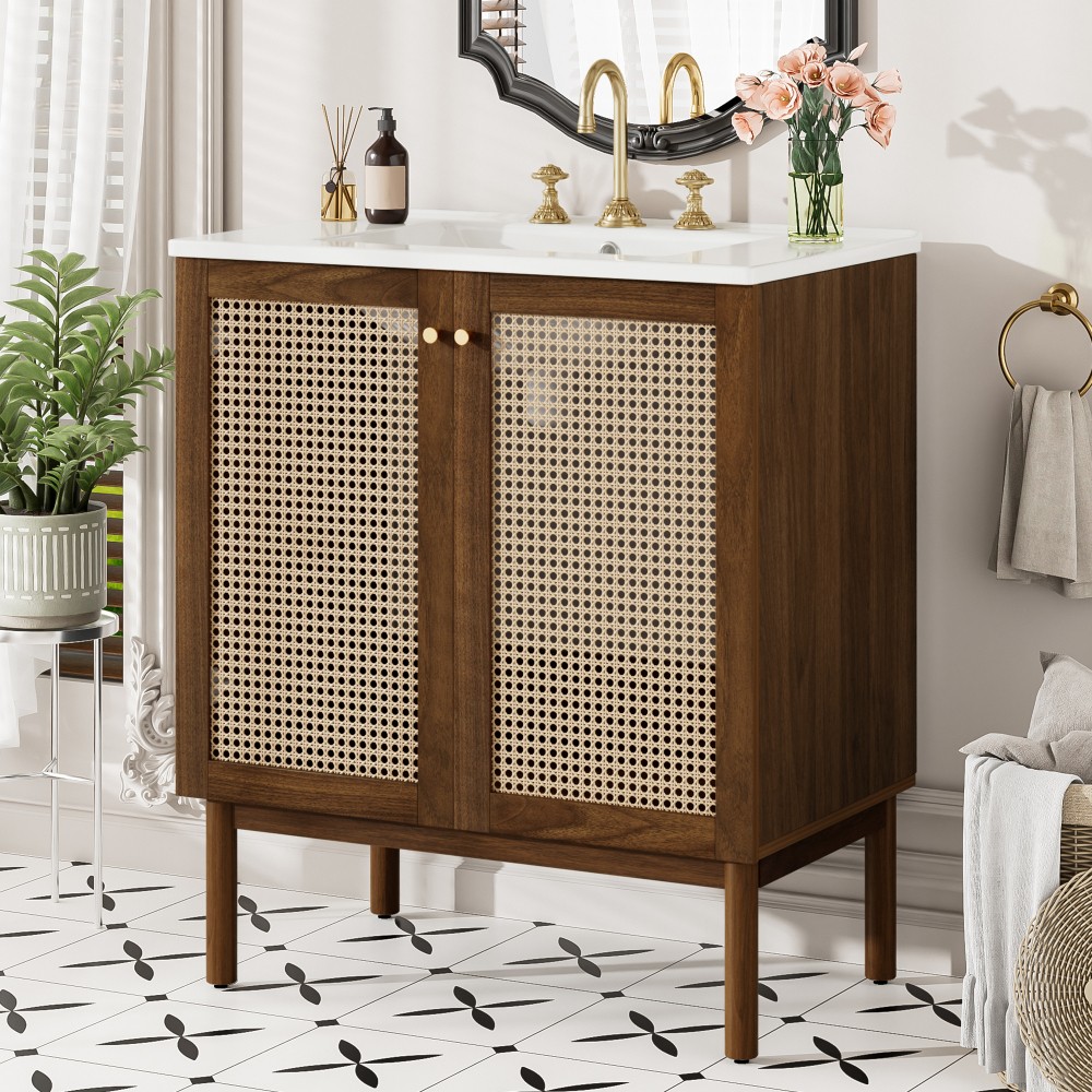 30-inch Bathroom Vanity w/ Bamboo Doors & Soft-Close, Dark Walnut