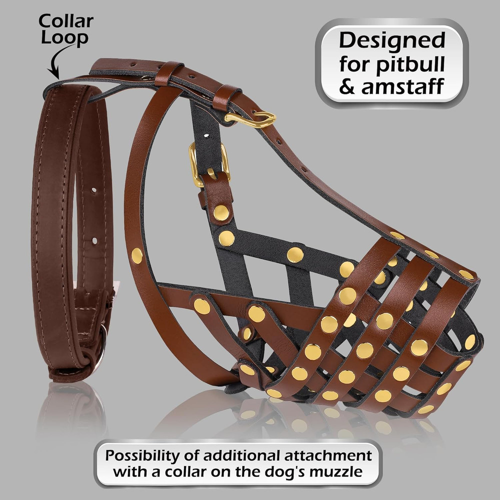 Pitbull Dog Muzzle for Large Dogs - Leather Breathable Secure Basket Muzzle for