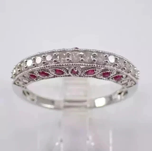 Round Cut Lab Created Ruby & Diamond Half Eternity Band Ring 14k White Gold Over