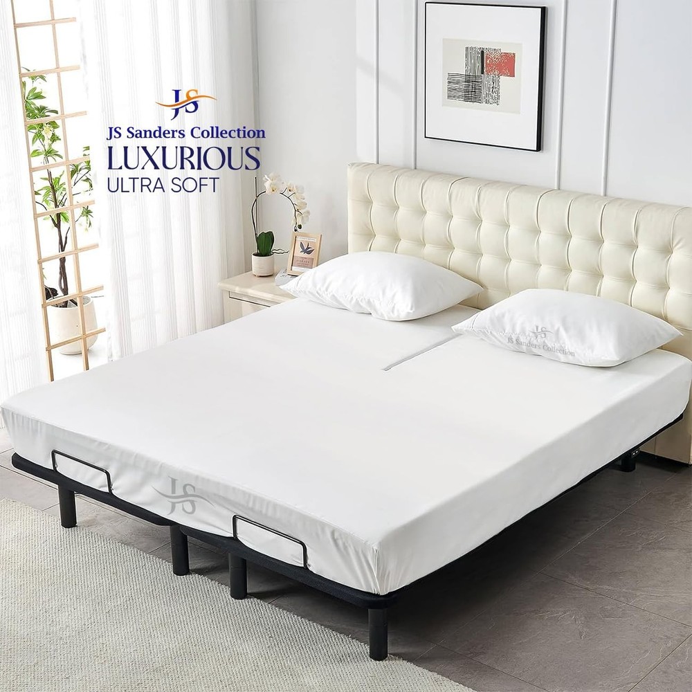 JS Sanders Top Split Head King Sheets Set - 4 Pcs, 100% Cotton Half Split Kin...