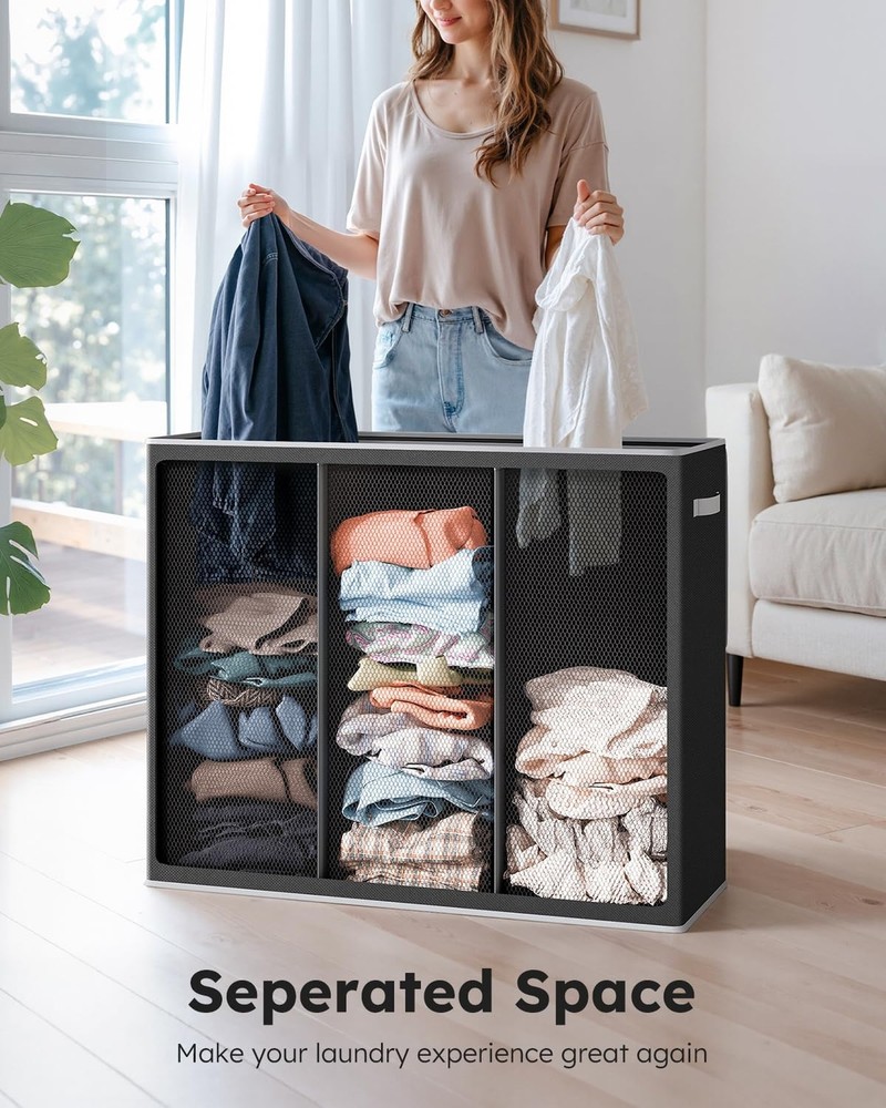 SOLEDI 180L Laundry Hamper 3 Section, Extra Large Laundry Hamper with Lid, Di...