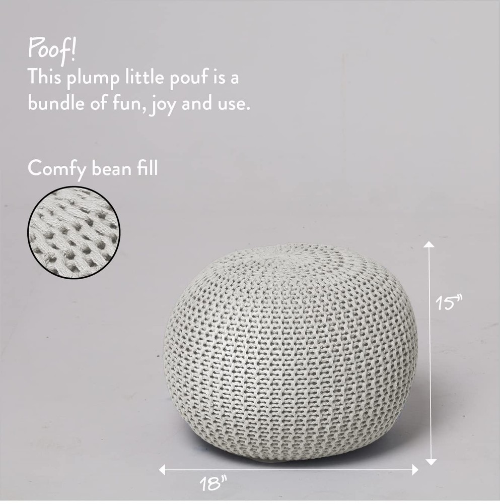 Round Knit Pouf - Hand Woven Cotton, Ivory