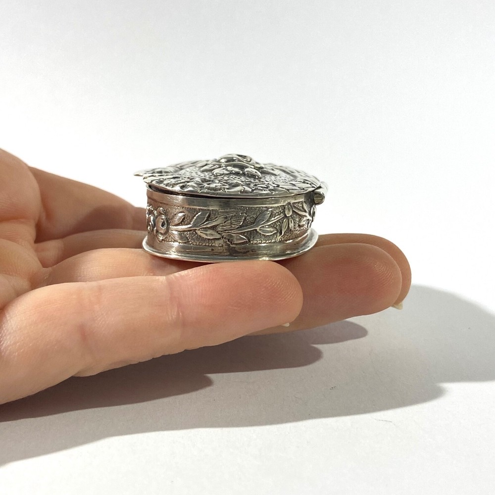 Antique Solid Silver Pillbox , Hallmarked with Floral decorations