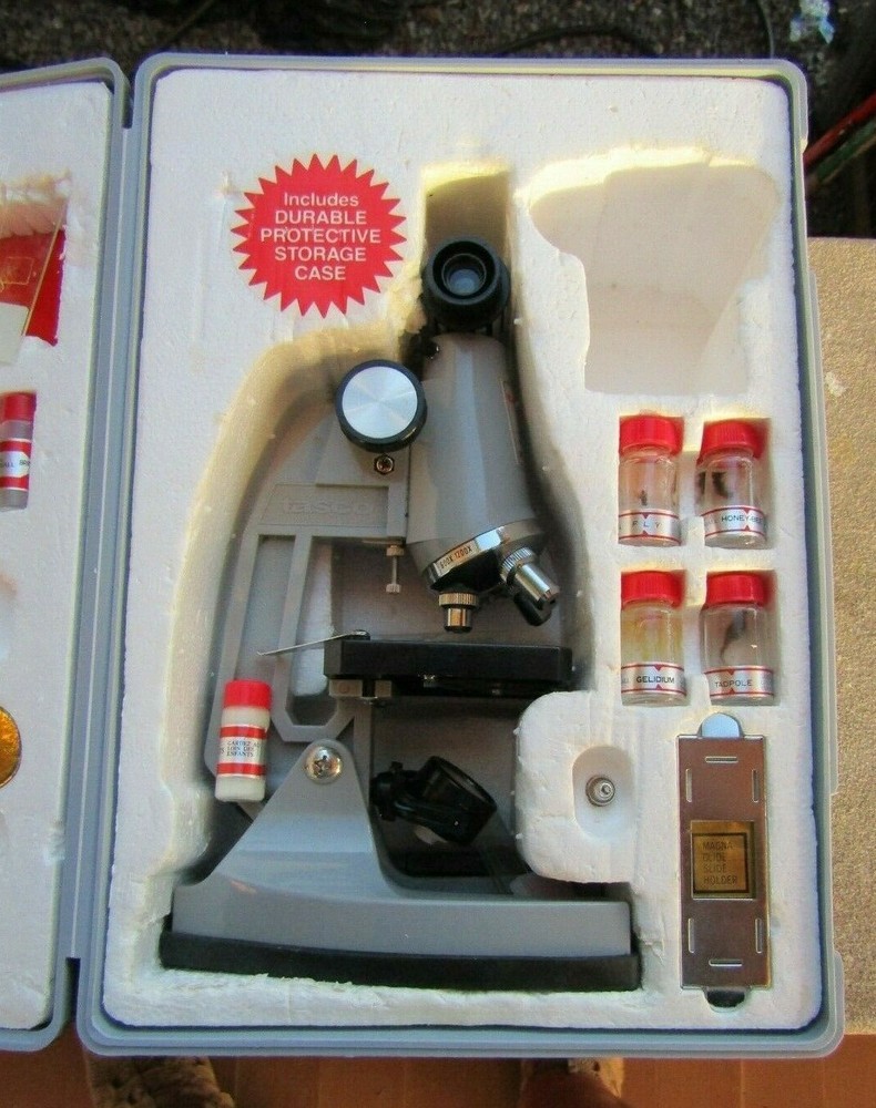Vintage Tasco 1200X Microscope Set with Case- Tools- Samples- Made in Taiwan