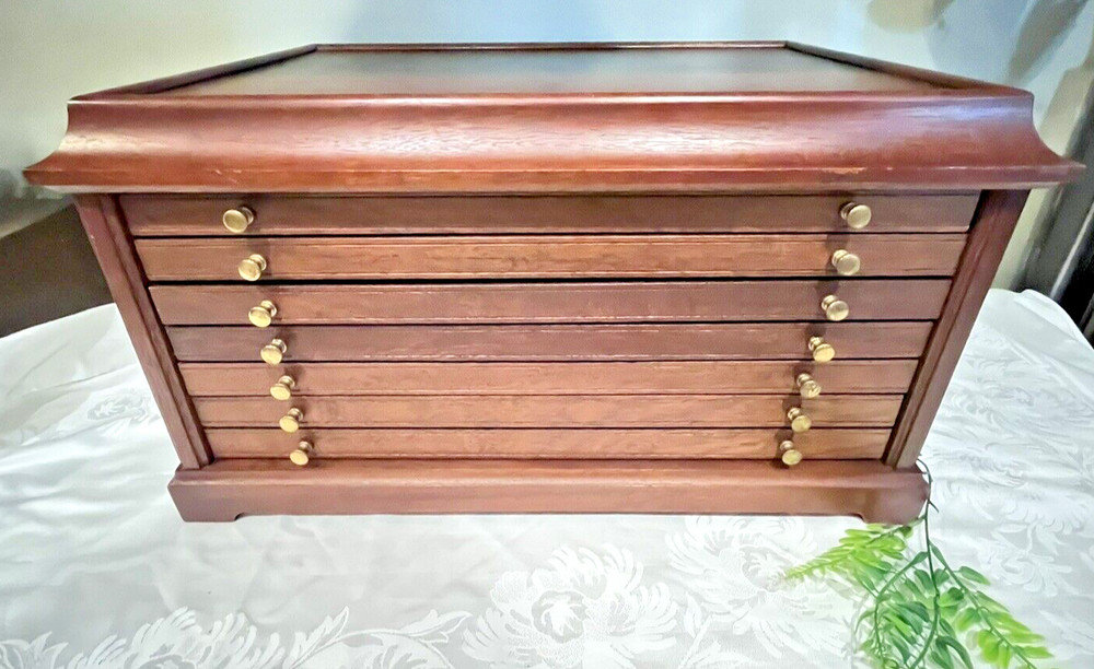 Mahogany Solid Wood Tabletop Chest 6 Drawers Velvet Green Lined Brass Knobs