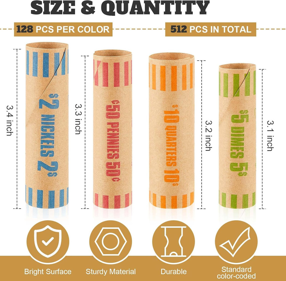 Outus 512 Pcs Assorted Coin Wrappers Rolls Bulk Preformed Coin Wrappers Rollers