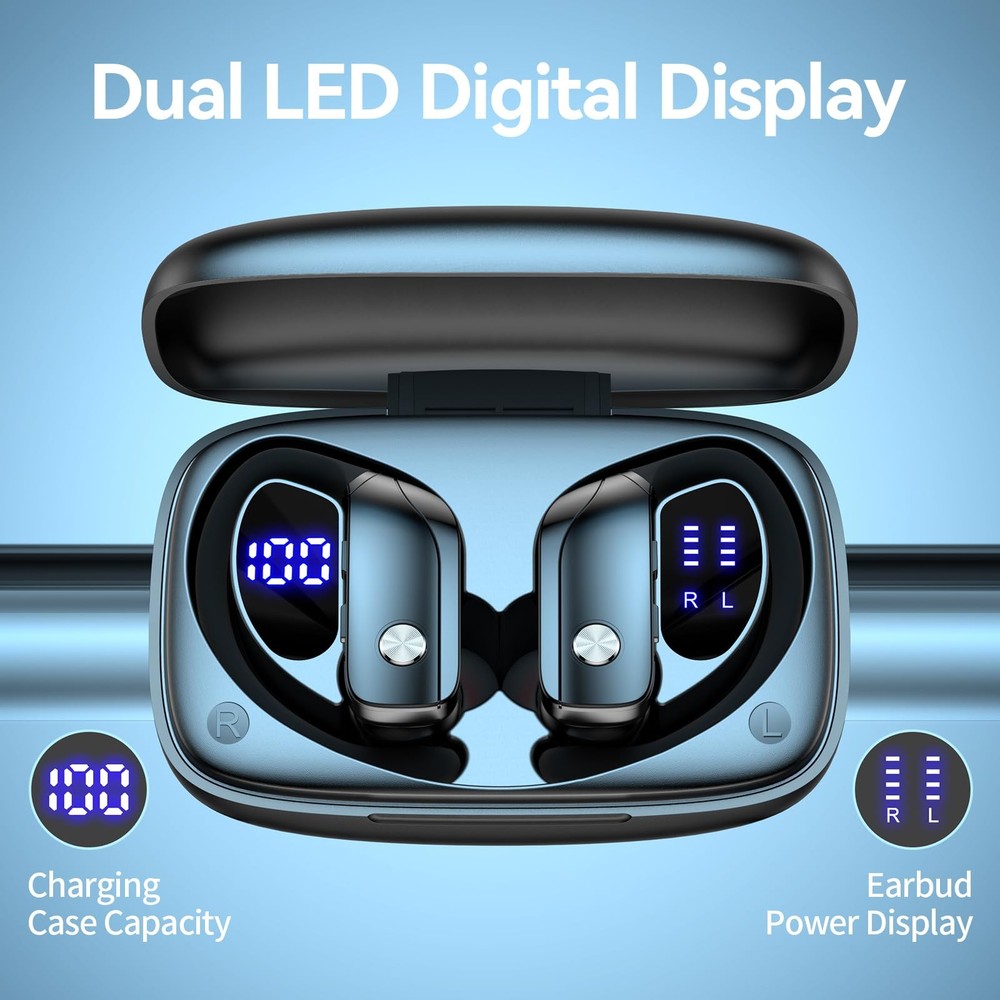 bmani Wireless Earbuds 80H Playtime LED Display Over-Ear Hook Mic Bluetooth Blac