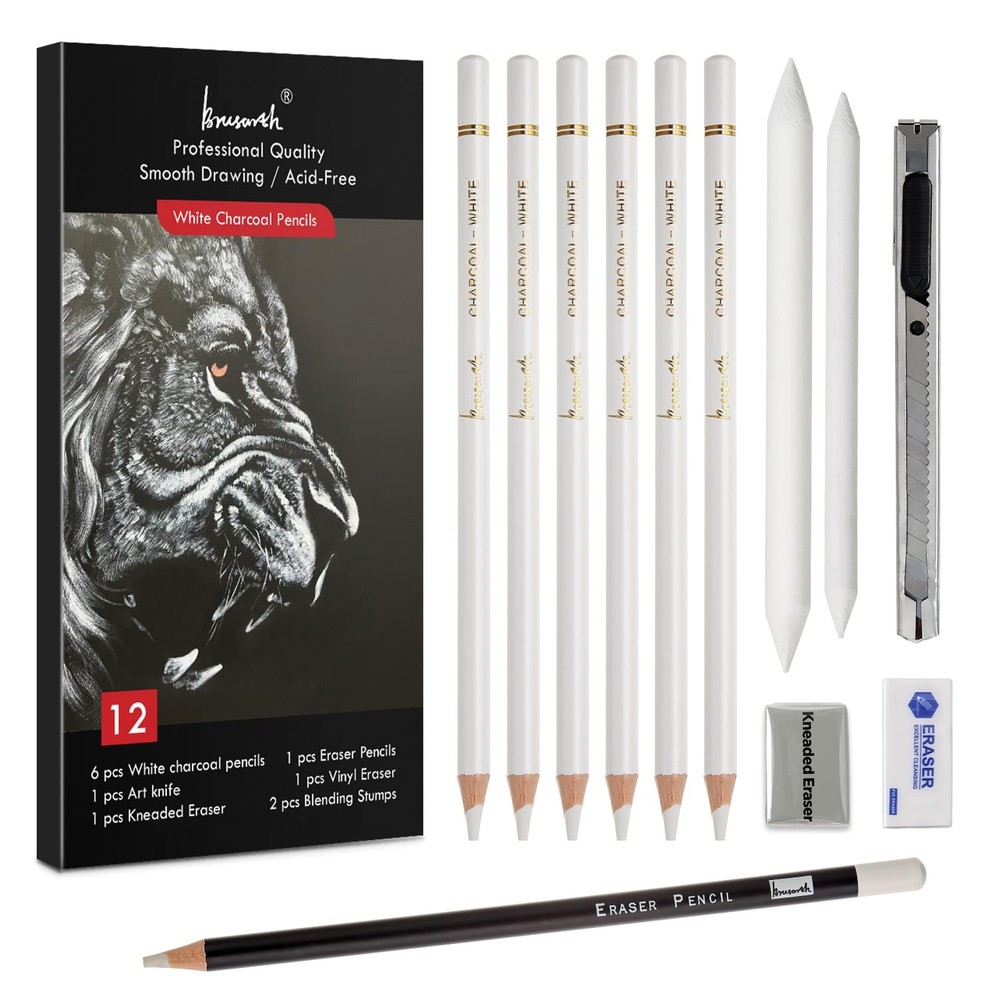 Brusarth White Charcoal Pencils Set - 12 Piece Sketch Highlight