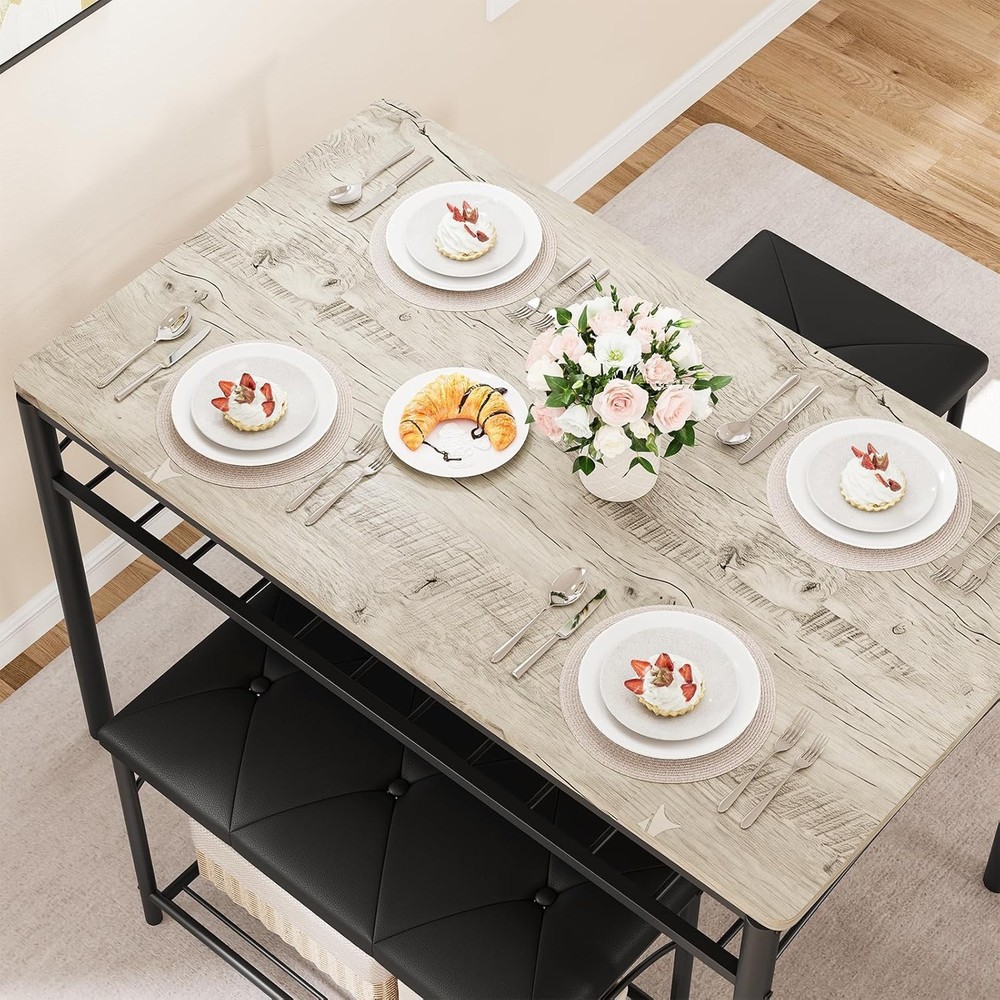 Set for 4 Dining Table Set Kitchen Table W Upholstered Bench and 2 Stools