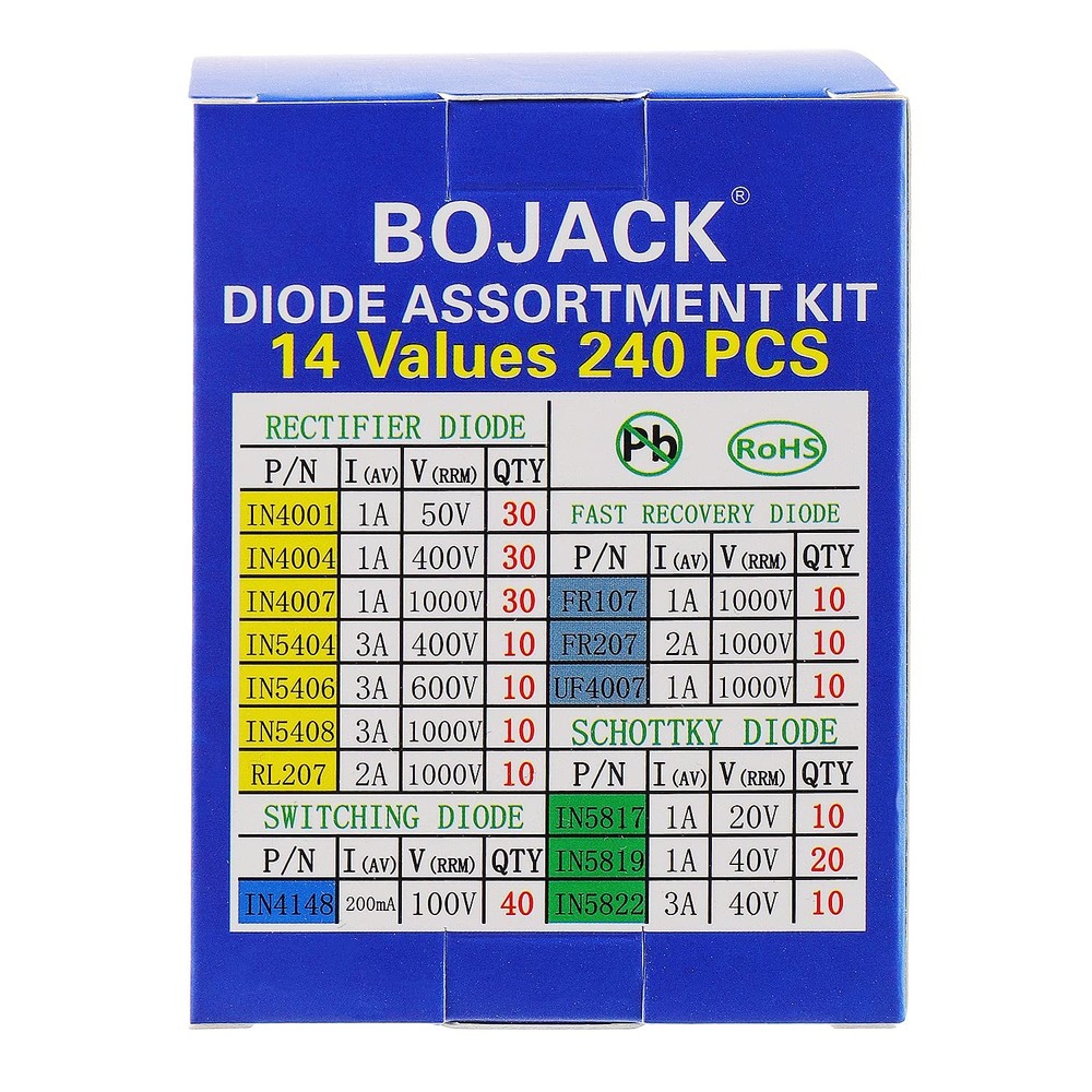 BOJACK 14 Value 240 pcs Diode Assortment Kit Contain Rectifier/Fast Recovery/...